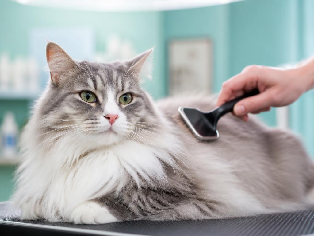 Chat à poil long brossé en douceur lors d'une séance de toilettage félin au salon Bulle d'Eau Canine