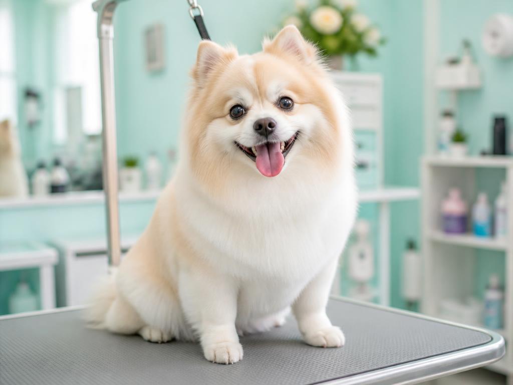 Chien spitz au pelage soyeux fraîchement toiletté, assis sur la table de toilettage du salon Bulle d'Eau Canine